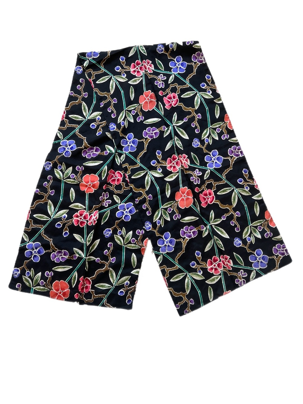VTG Japanese Batik Floral Silk Long Scarf Black Cherry Blossom Vine Long 60"x13”